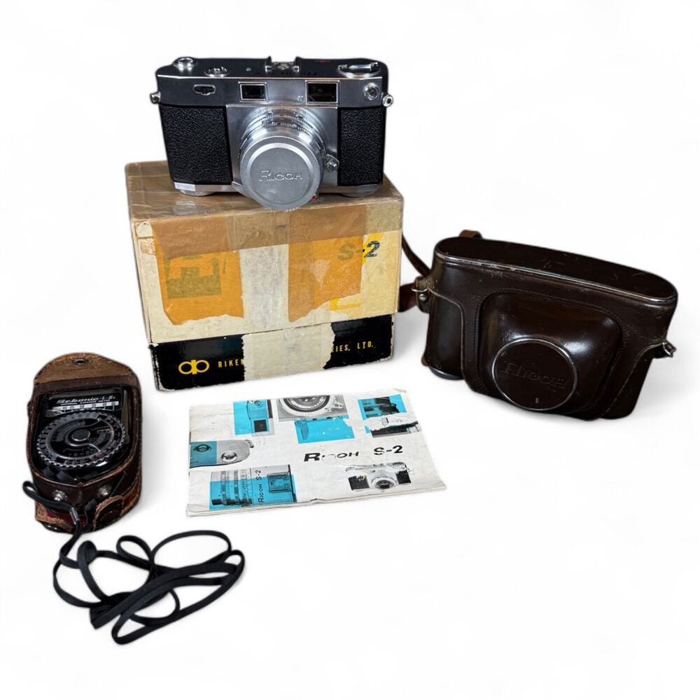 Ricoh S-2 Film Camera Body w/ 45mm f/2.8 Lens W Leather Case, box, Sekonic L-2